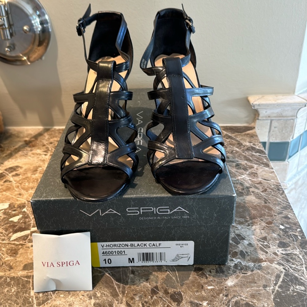 Via Spiga Horizon Sandals, Black Leather, Size 10